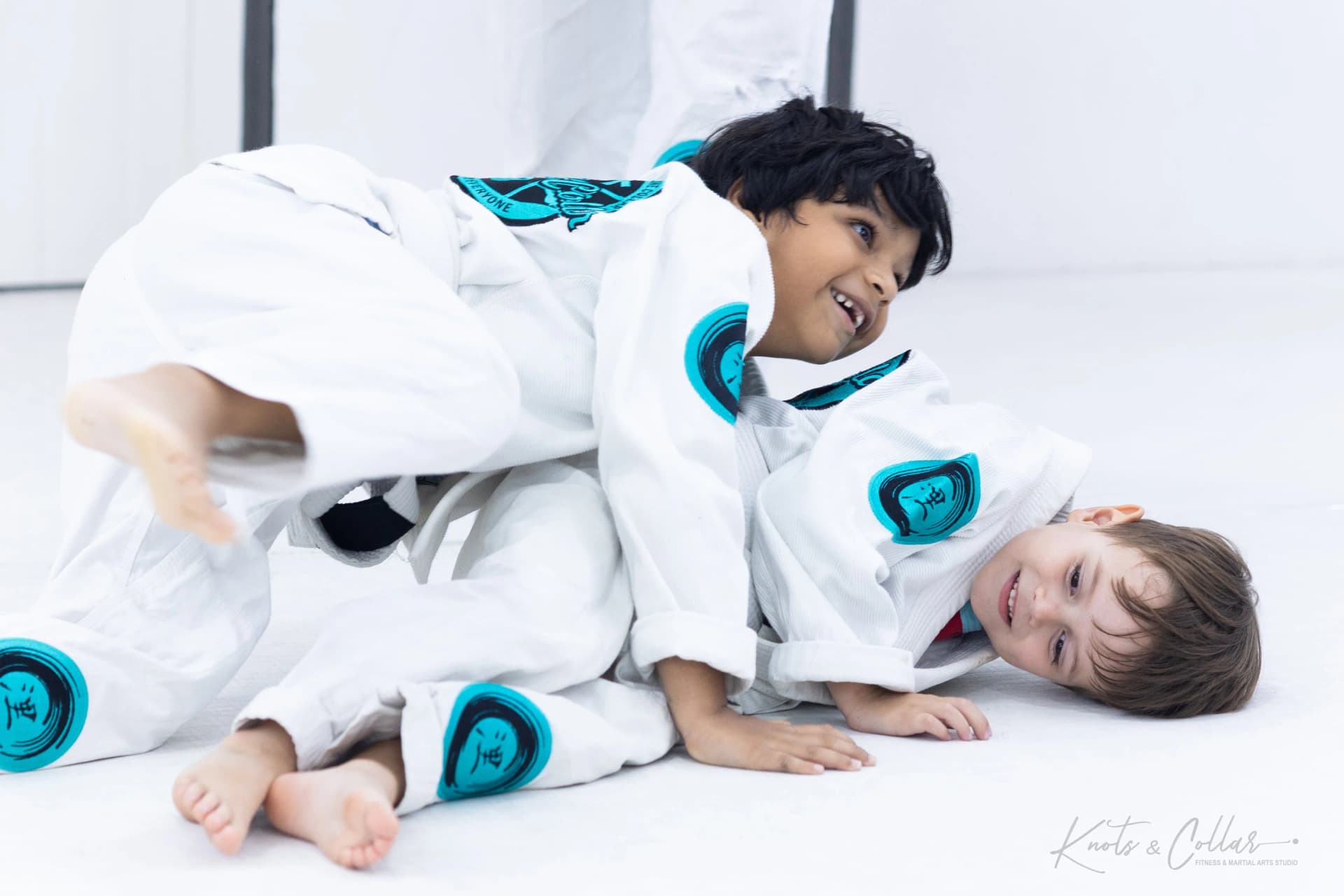 Children practising jiu-jitsu together at Knots & Collar in Defence Colony, New Delhi